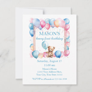 Teddy Bear Colourful Balloon Beary First Birthday  Invitation
