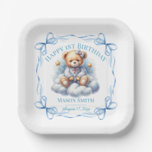 Teddy Bear Colourful Balloon Beary First Birthday Paper Plate
