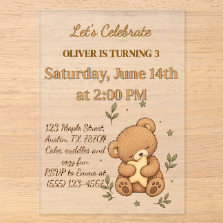 Teddy Bear Cozy Kids Birthday Acrylic Invitations