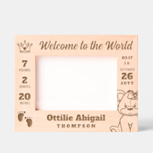 Teddy Bear Crown Welcome to the World Baby Stats Etched Frames