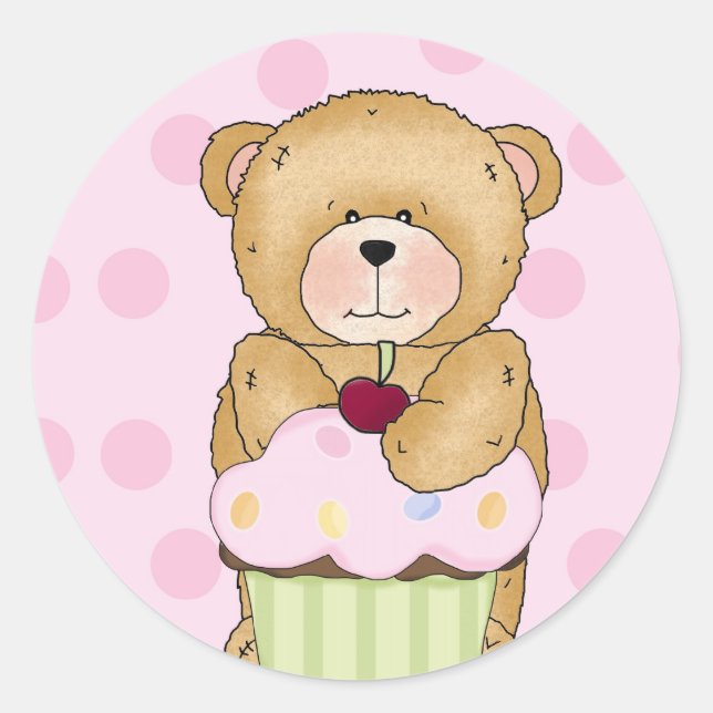 Teddy Bear Cupcake Party Classic Round Sticker (Front)