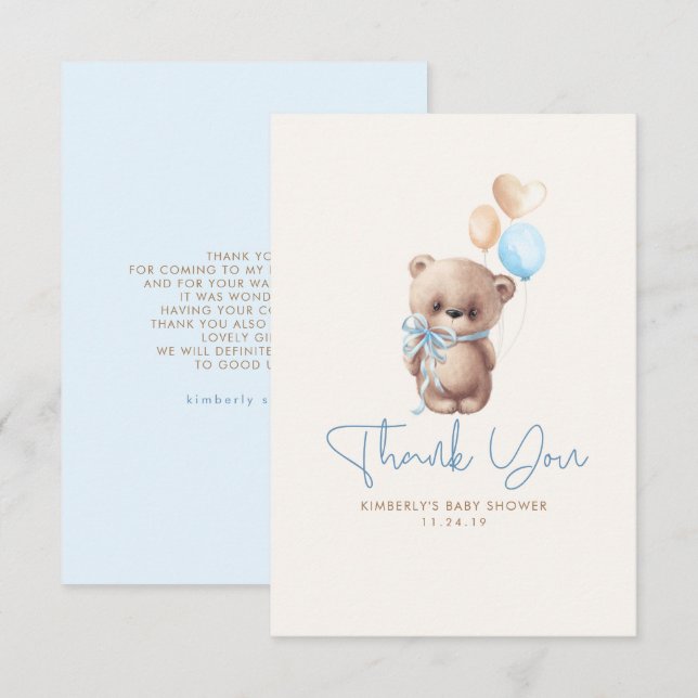 Teddy Bear Cute Boy Baby Shower Thank You (Front/Back)