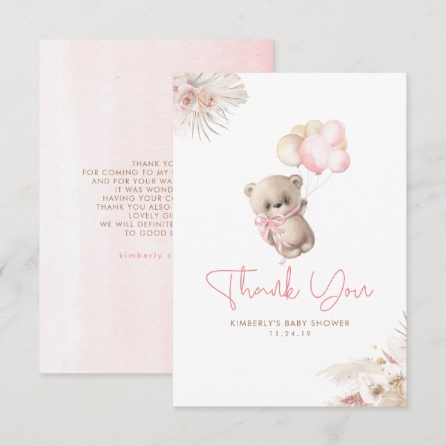 Teddy Bear Cute Girl Baby Shower Thank You (Front/Back)