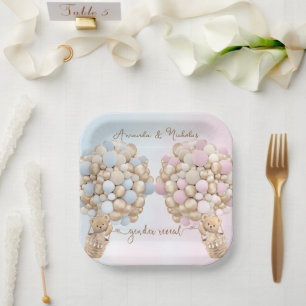 Teddy Bear Cute Pink and Blue Baby Reveal Paper Plate