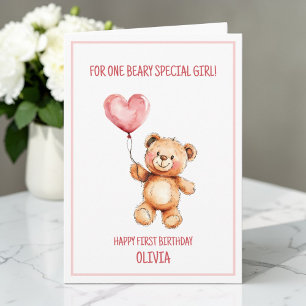 Teddy Bear Cute Pink Balloon Happy 1st Birthday Card