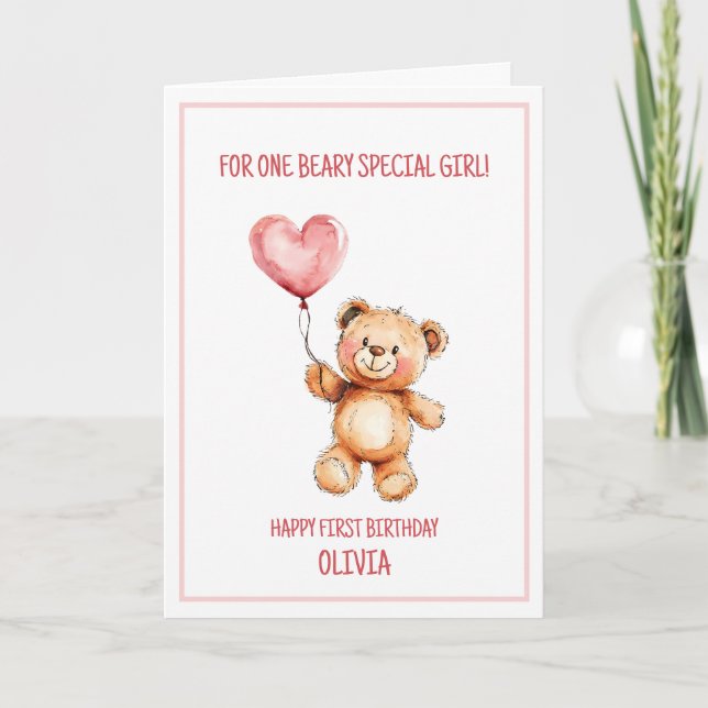 Teddy Bear Cute Pink Balloon Happy 1st Birthday Card (Front)