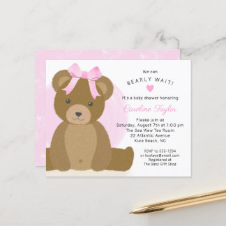 Teddy Bear Cute Pink Bow Baby Girl Shower Invite