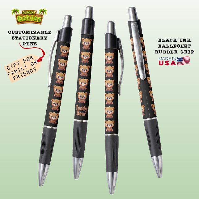 Teddy Bear, Cute Wildlife Woodland Animal Black 🐻 Pen (Cute Customizable Teddy Bear Animal Cartoon Graphic Character Stationery Pen Gifts 🐻🎁)