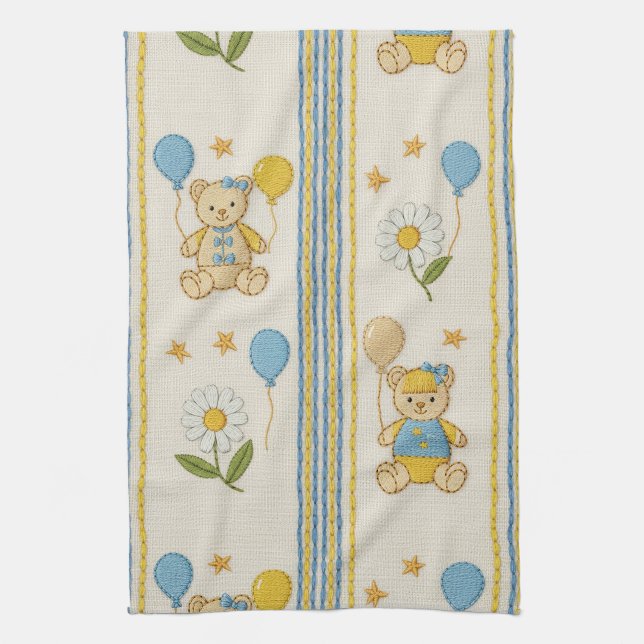 Teddy Bear Daisy Garden Pattern (10) Kitchen Towel (Vertical)