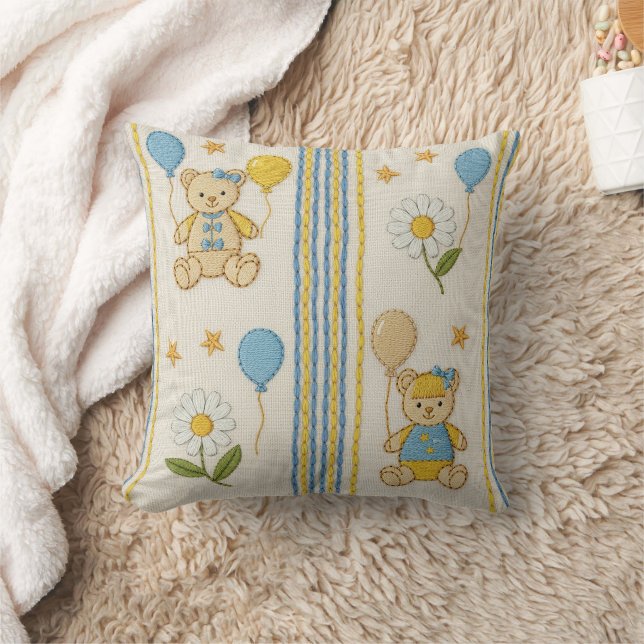 Teddy Bear Daisy Garden Pattern (10) Throw Pillow (Blanket)