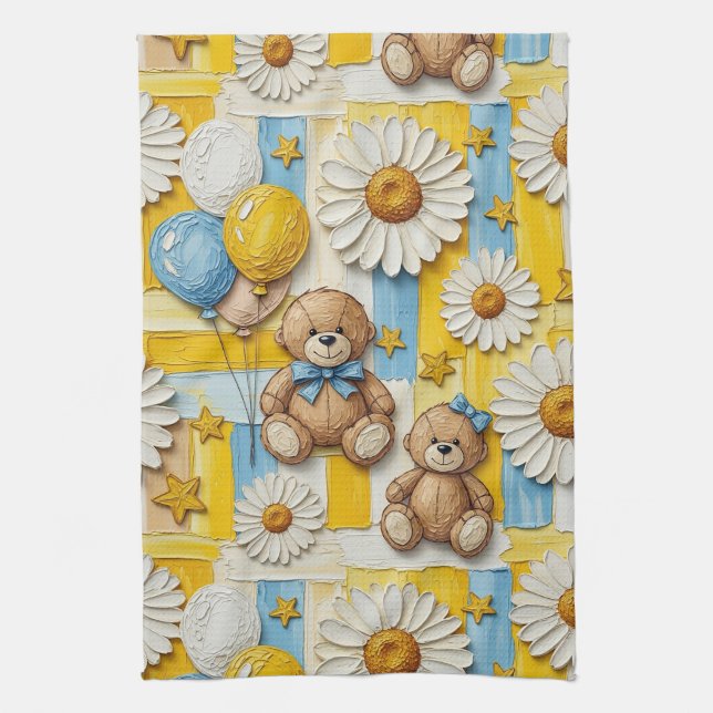 Teddy Bear Daisy Garden Pattern (11) Kitchen Towel (Vertical)