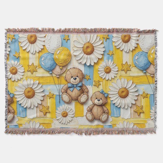Teddy Bear Daisy Garden Pattern (11) Throw Blanket (Front)