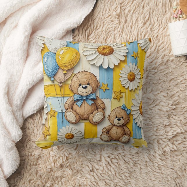 Teddy Bear Daisy Garden Pattern (11) Throw Pillow (Blanket)