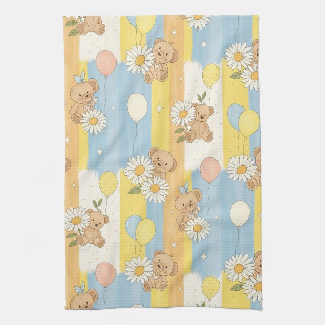 Teddy Bear Daisy Garden Pattern (12) Kitchen Towel (Vertical)