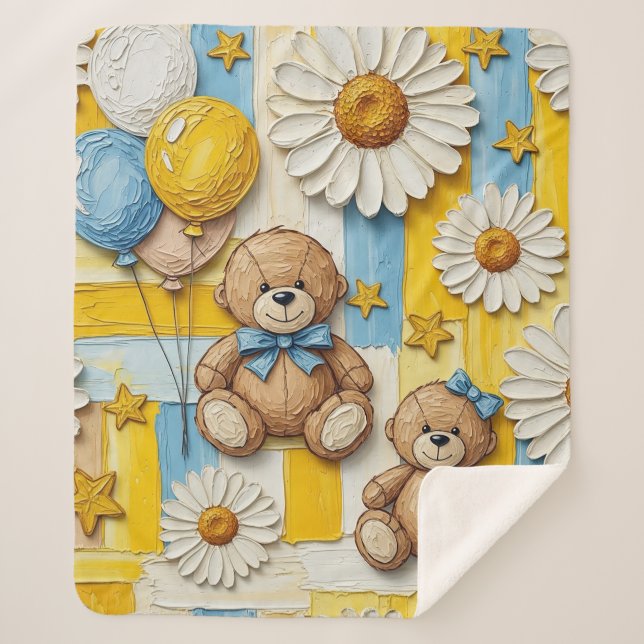 Teddy Bear Daisy Garden Pattern (12) Sherpa Blanket (Front)