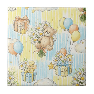 Teddy Bear Daisy Garden Pattern (12) Tile