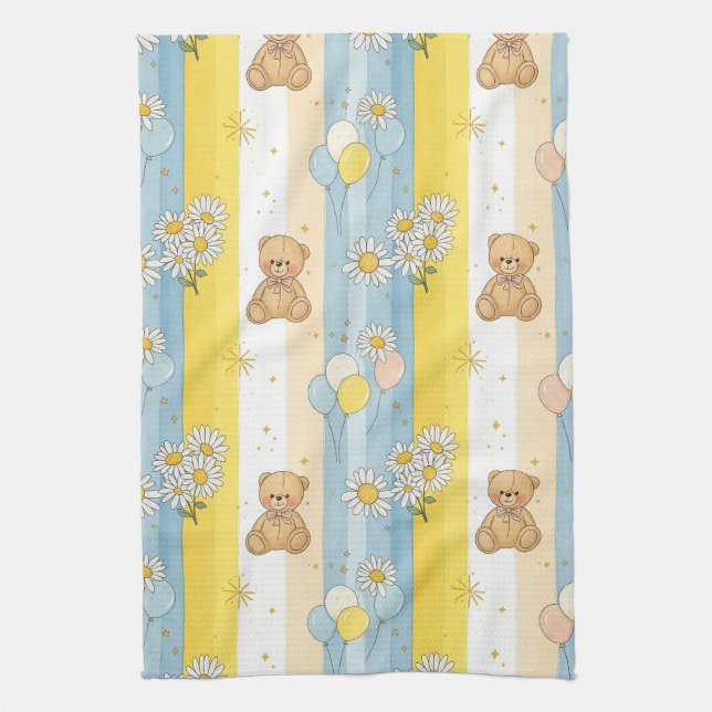 Teddy Bear Daisy Garden Pattern (13) Kitchen Towel (Vertical)