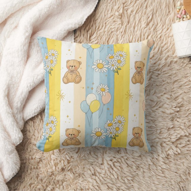 Teddy Bear Daisy Garden Pattern (13) Throw Pillow (Blanket)