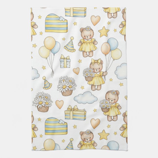 Teddy Bear Daisy Garden Pattern (14) Kitchen Towel (Vertical)