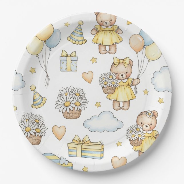 Teddy Bear Daisy Garden Pattern (14) Paper Plate (Front)