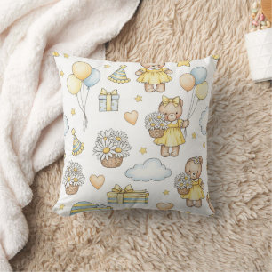 Teddy Bear Daisy Garden Pattern (14) Throw Pillow