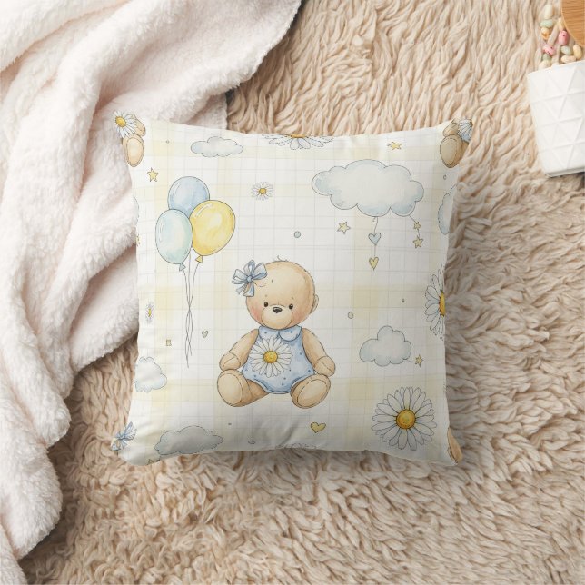 Teddy Bear Daisy Garden Pattern (15) Throw Pillow (Blanket)