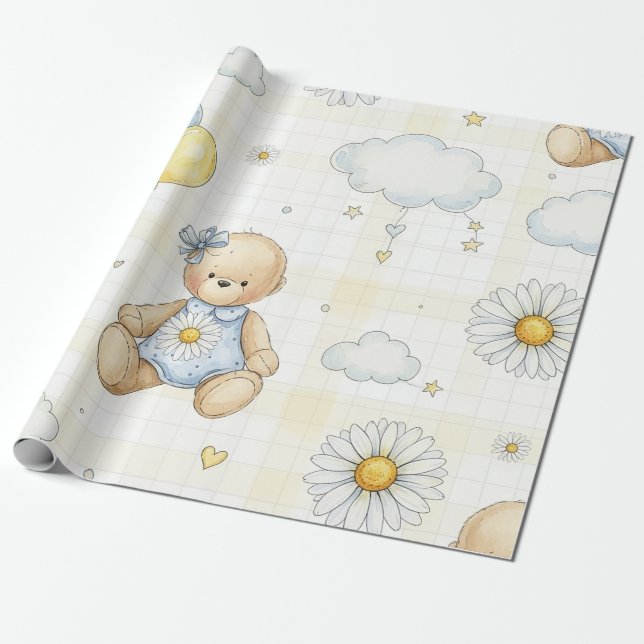 Teddy Bear Daisy Garden Pattern (15) Wrapping Paper (Unrolled)