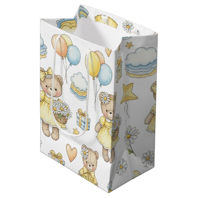 Teddy Bear Daisy Garden Pattern (16) Medium Gift Bag (Front Angled)