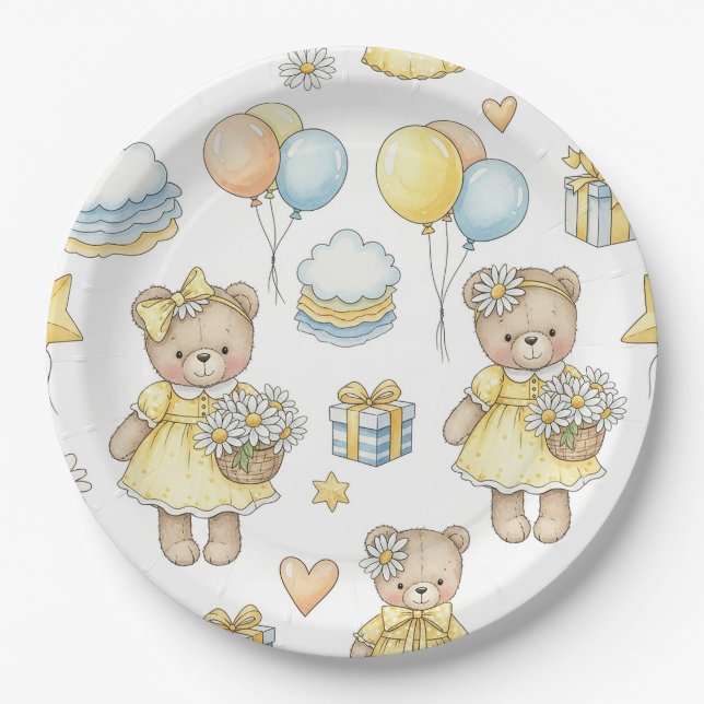 Teddy Bear Daisy Garden Pattern (16) Paper Plate (Front)