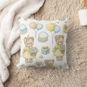 Teddy Bear Daisy Garden Pattern (16) Throw Pillow