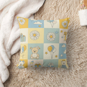 Teddy Bear Daisy Garden Pattern (17) Throw Pillow