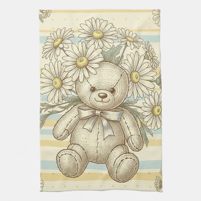 Teddy Bear Daisy Garden Pattern (1) Kitchen Towel (Vertical)