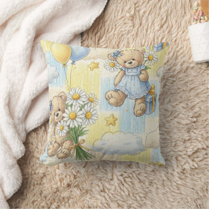 Teddy Bear Daisy Garden Pattern (2) Throw Pillow