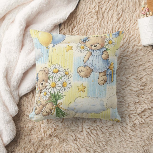 Teddy Bear Daisy Garden Pattern (2) Throw Pillow (Blanket)