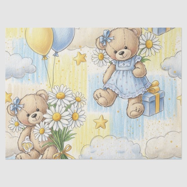 Teddy Bear Daisy Garden Pattern (2) Tissue Paper (Front)