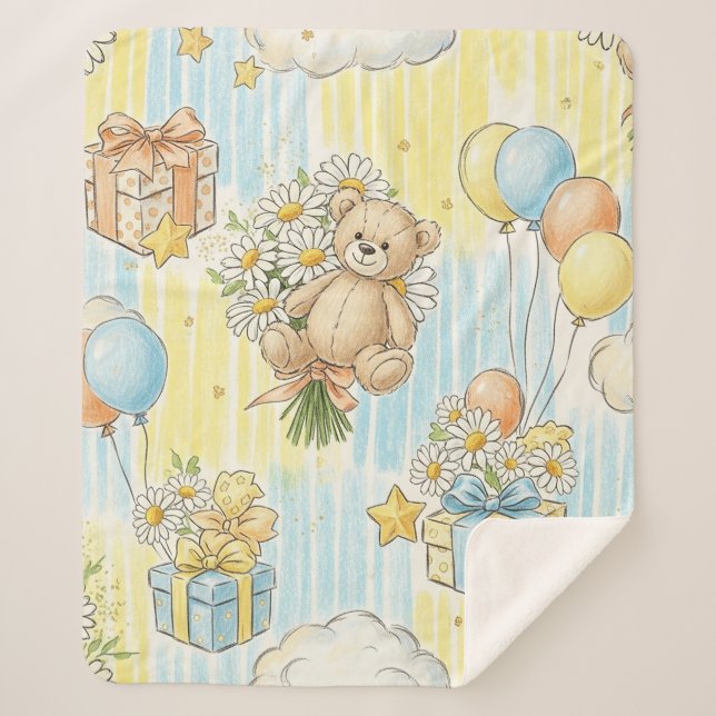 Teddy Bear Daisy Garden Pattern (3) Sherpa Blanket (Front)