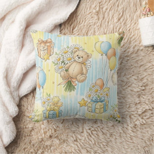 Teddy Bear Daisy Garden Pattern (3) Throw Pillow