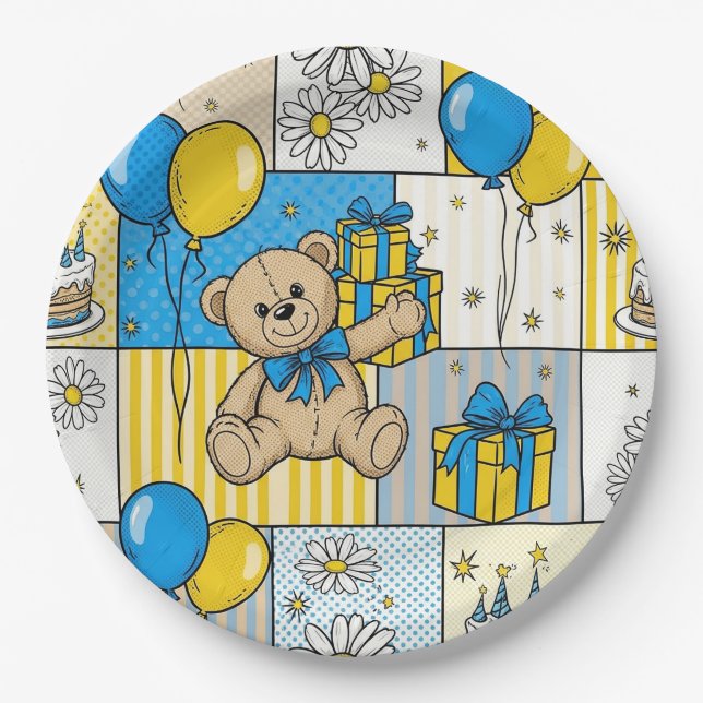 Teddy Bear Daisy Garden Pattern (4) Paper Plate (Front)