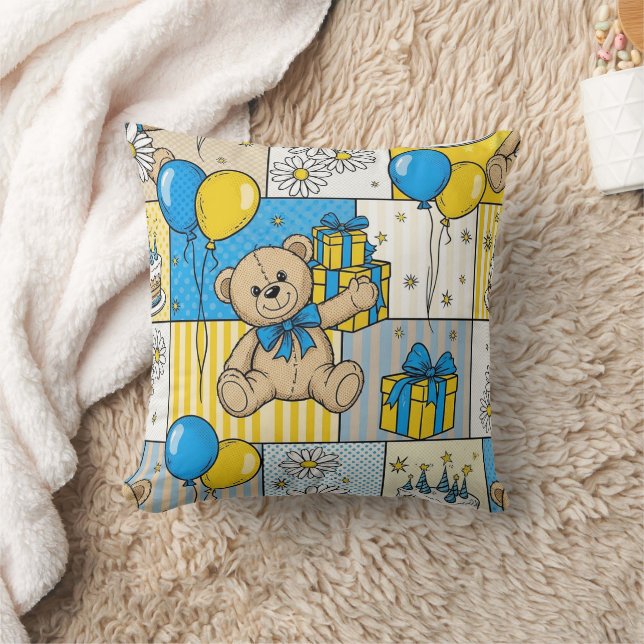 Teddy Bear Daisy Garden Pattern (4) Throw Pillow (Blanket)