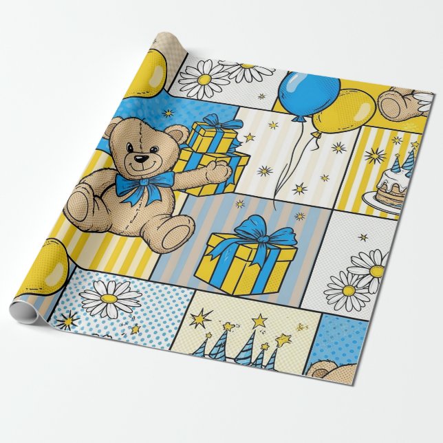 Teddy Bear Daisy Garden Pattern (4) Wrapping Paper (Unrolled)