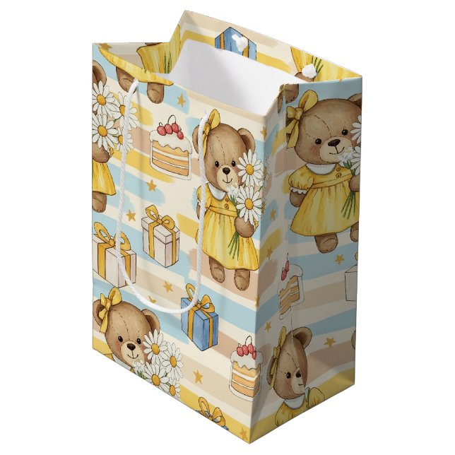 Teddy Bear Daisy Garden Pattern (5) Medium Gift Bag (Front Angled)