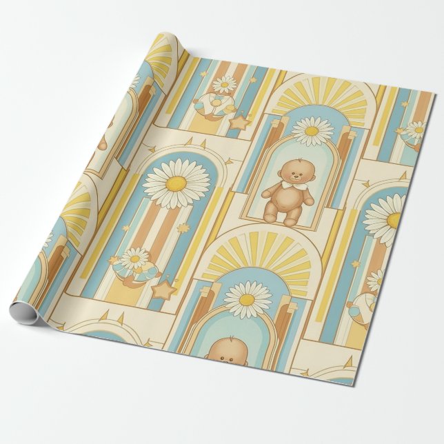 Teddy Bear Daisy Garden Pattern (6) Wrapping Paper (Unrolled)