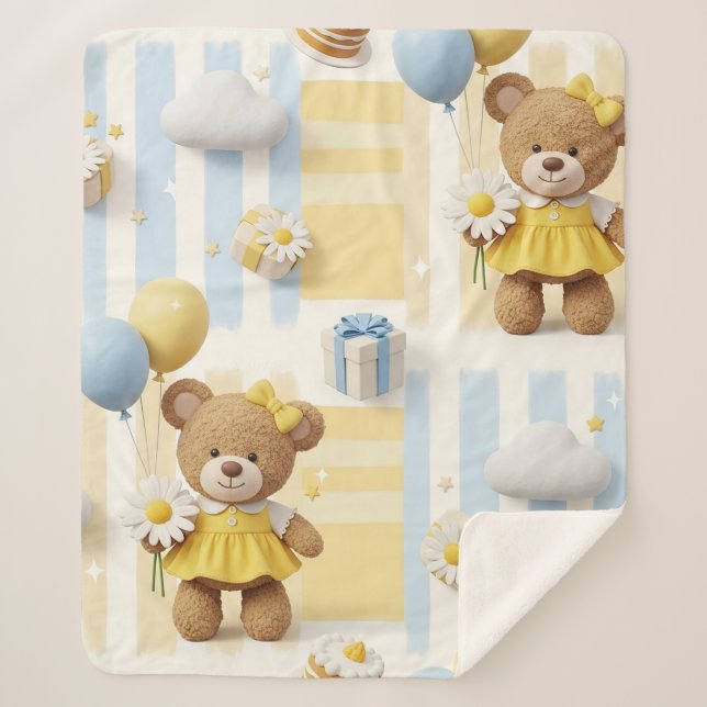 Teddy Bear Daisy Garden Pattern (8) Sherpa Blanket (Front)