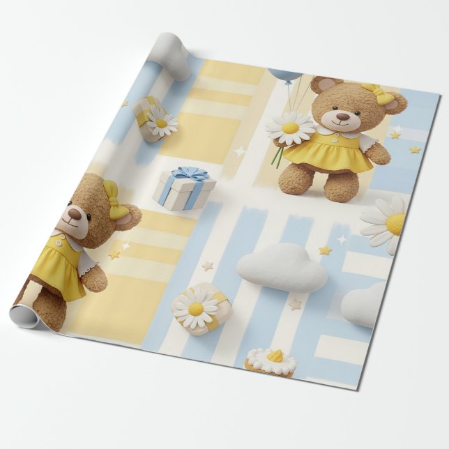 Teddy Bear Daisy Garden Pattern (8) Wrapping Paper (Unrolled)