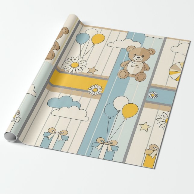 Teddy Bear Daisy Garden Pattern (9) Wrapping Paper (Unrolled)