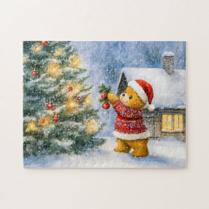Teddy Bear Decorating a Christmas Tree in snowing  Jigsaw Puzzle