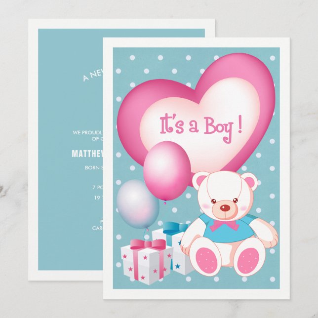 Teddy Bear Design Baby Boy Faire-part de naissance (Devant / Derrière)