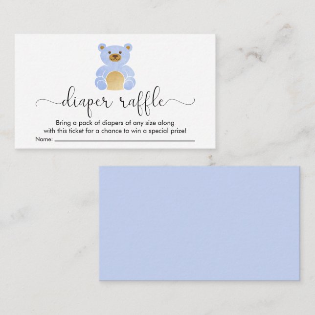 Teddy Bear Diaper Raffle Boy Baby Shower Enclosure Card (Front/Back)