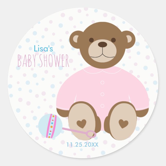 Teddy Bear Dressed in Pink Baby Shower Sticker (Front)