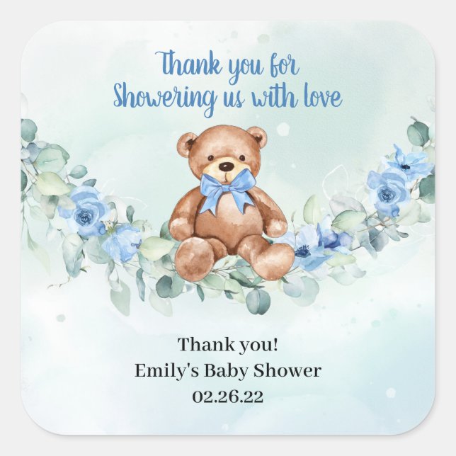 Teddy bear dusty blue floral eucalyptus wreath  square sticker (Front)
